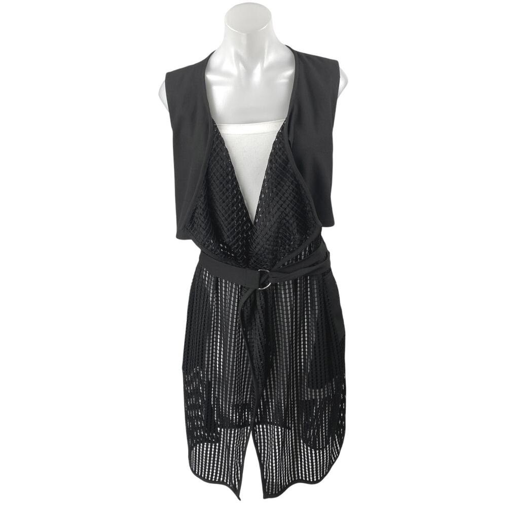 Decjuba Women's Black Sleeveless Belted Sheer Wrap Overcoat Jacket Size S/M